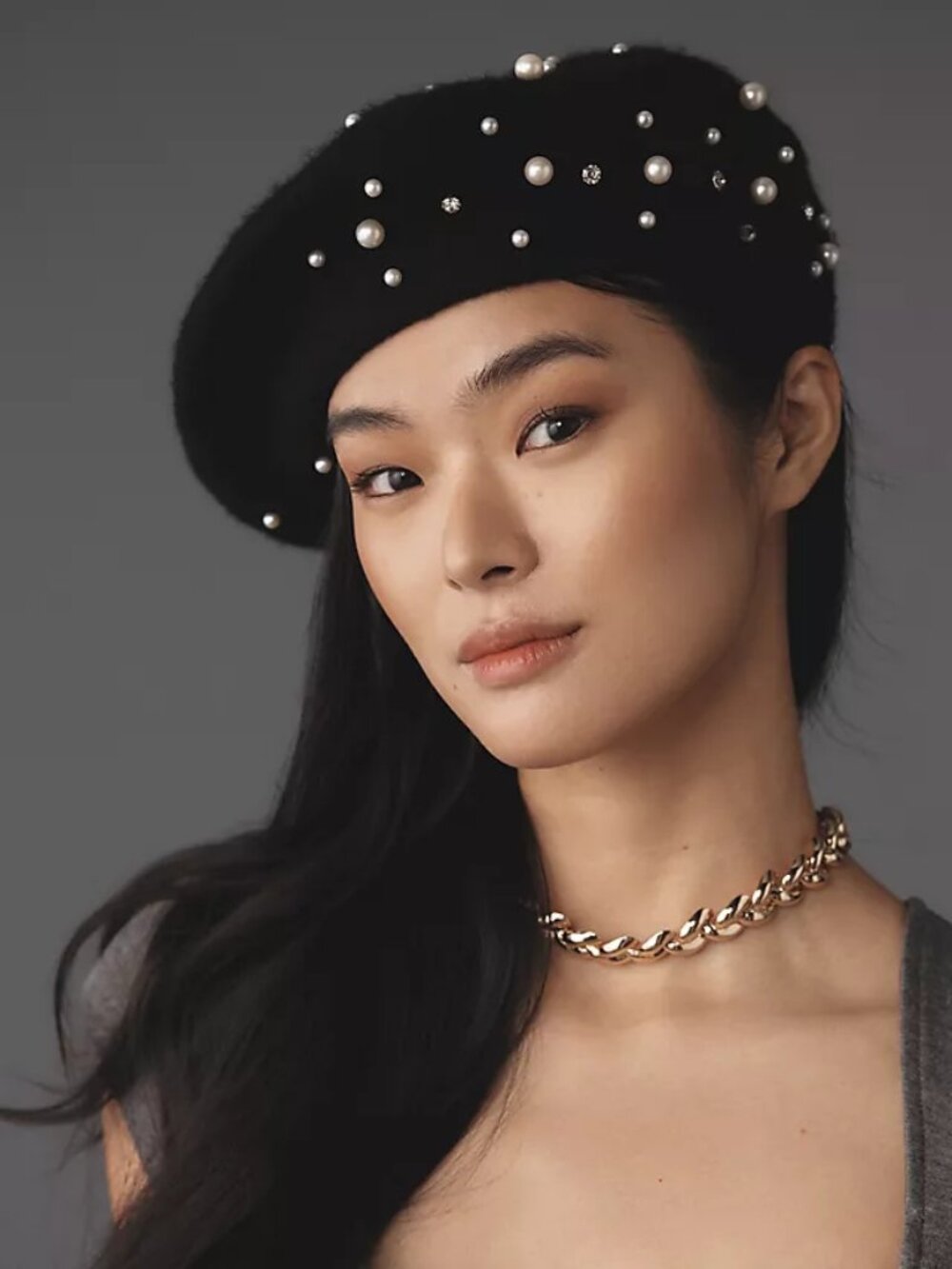 New Anthropologie Pearl Embellished Black Wool Beret